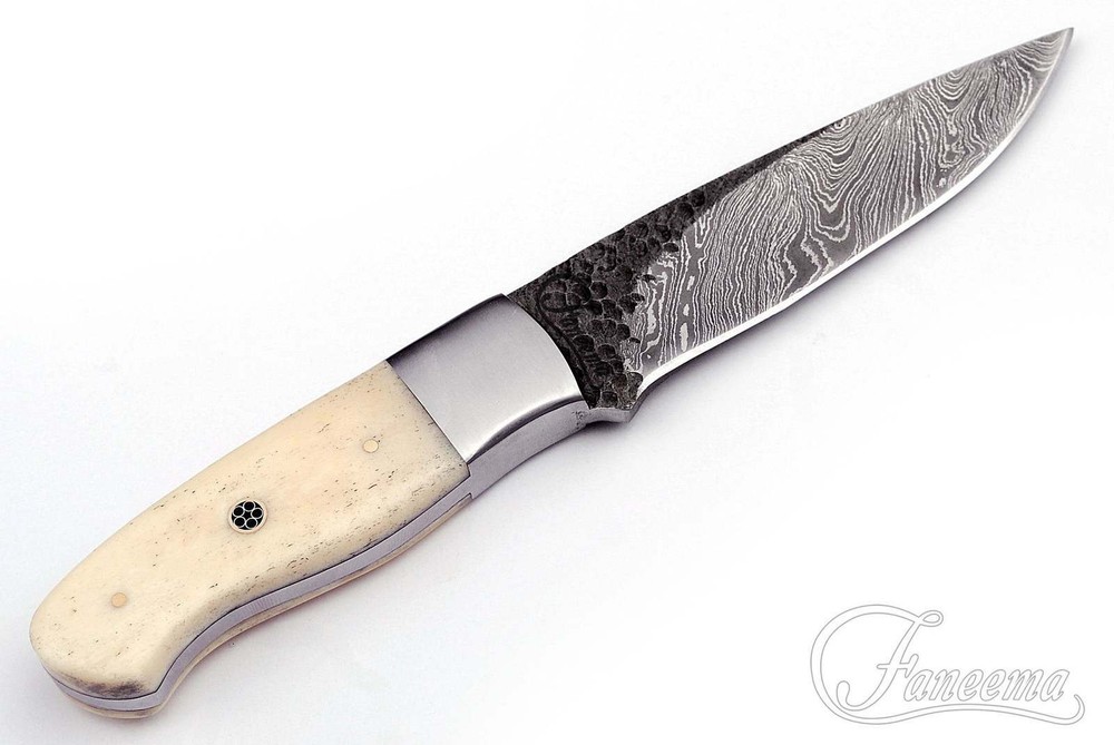 Hand Forged Damascus 4.5" Knife with Hammerwork and Bone Handle