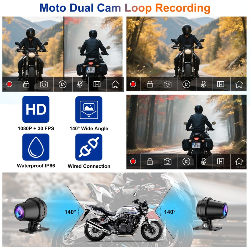 6" Motorcycle Carplay Dual 1080P Camera, iOS/Android, Loop Rec & Emer Lock, BT