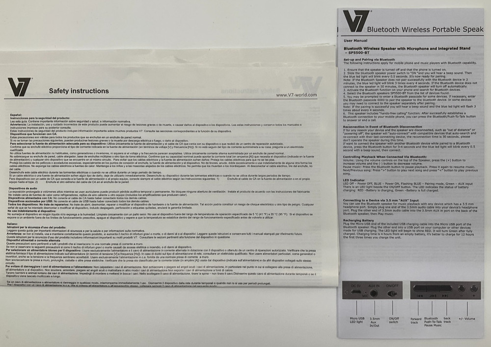 V7 SP5500-BT-WHT-9NC Bluetooth Wireless Speaker - White