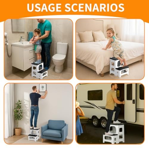 2 Step Stool Foldable, Non-Slip Steps, Folding Step Stool for Adults & White
