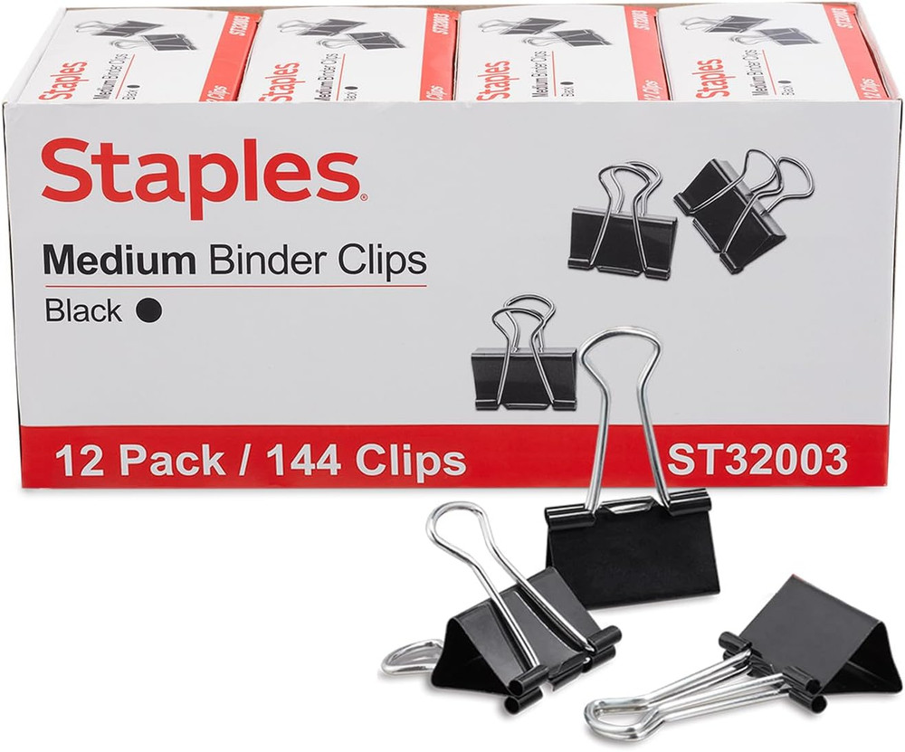 Staples Medium Binder Clips, 0.63" Capacity, Black, 144 Clips/Pack (ST32003)