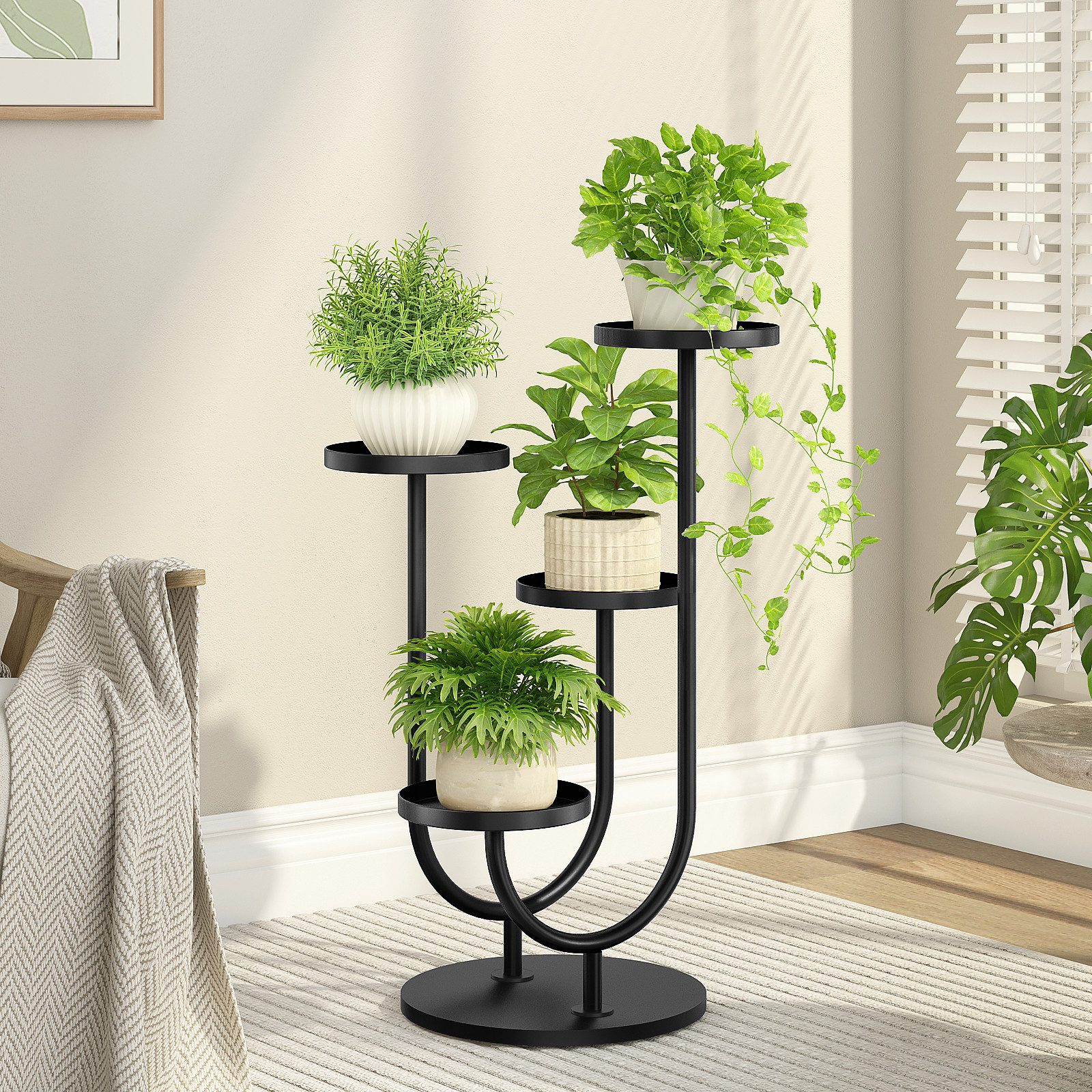 Bamworld Plant Stand Indoor Modern Corner Plants Shelf Display 4 Pots Black