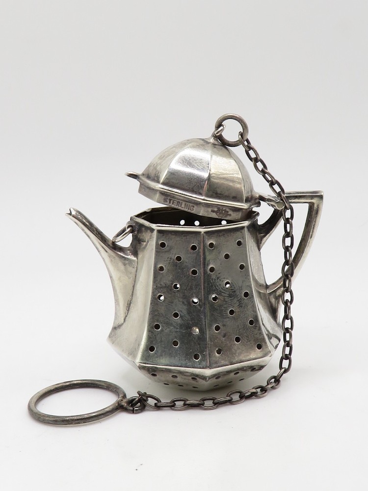 ANTIQUE VICTORIAN STERLING SILVER TEABALL KETTLE STRAINER - TEAPOT SHAPE *