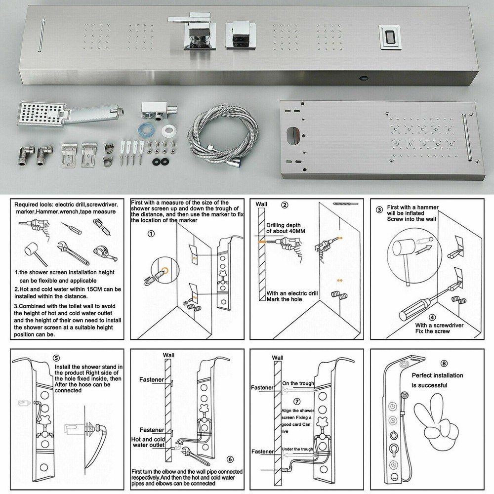 LED Shower Panel Tower System Water&Rainfall Massage Jet System Brushed Nickel