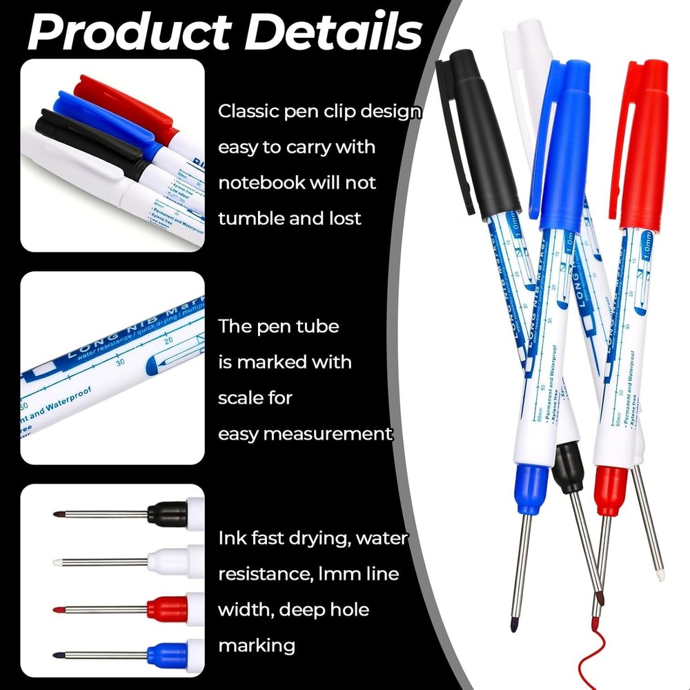 8 Long Tip Construction Markers Waterproof Deep Hole Carpenter Marking Pens