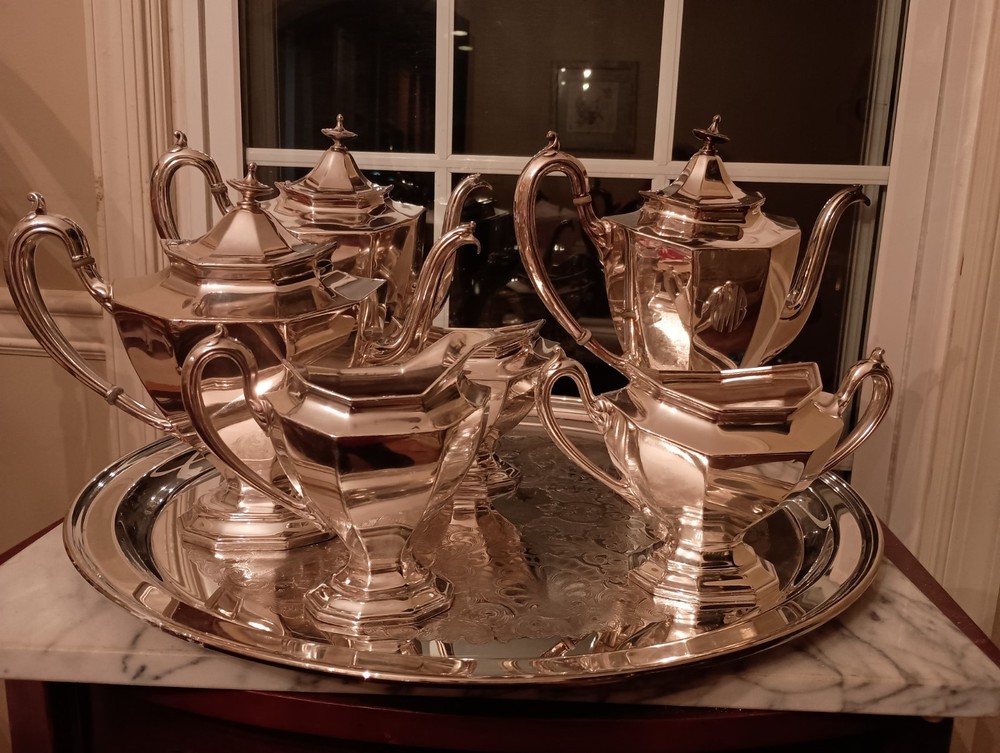 REED & BARTON "SIERRA" NEO CLASSICAL FULL COFFEE DECAF TEA SERVICE POT SET, 7pc