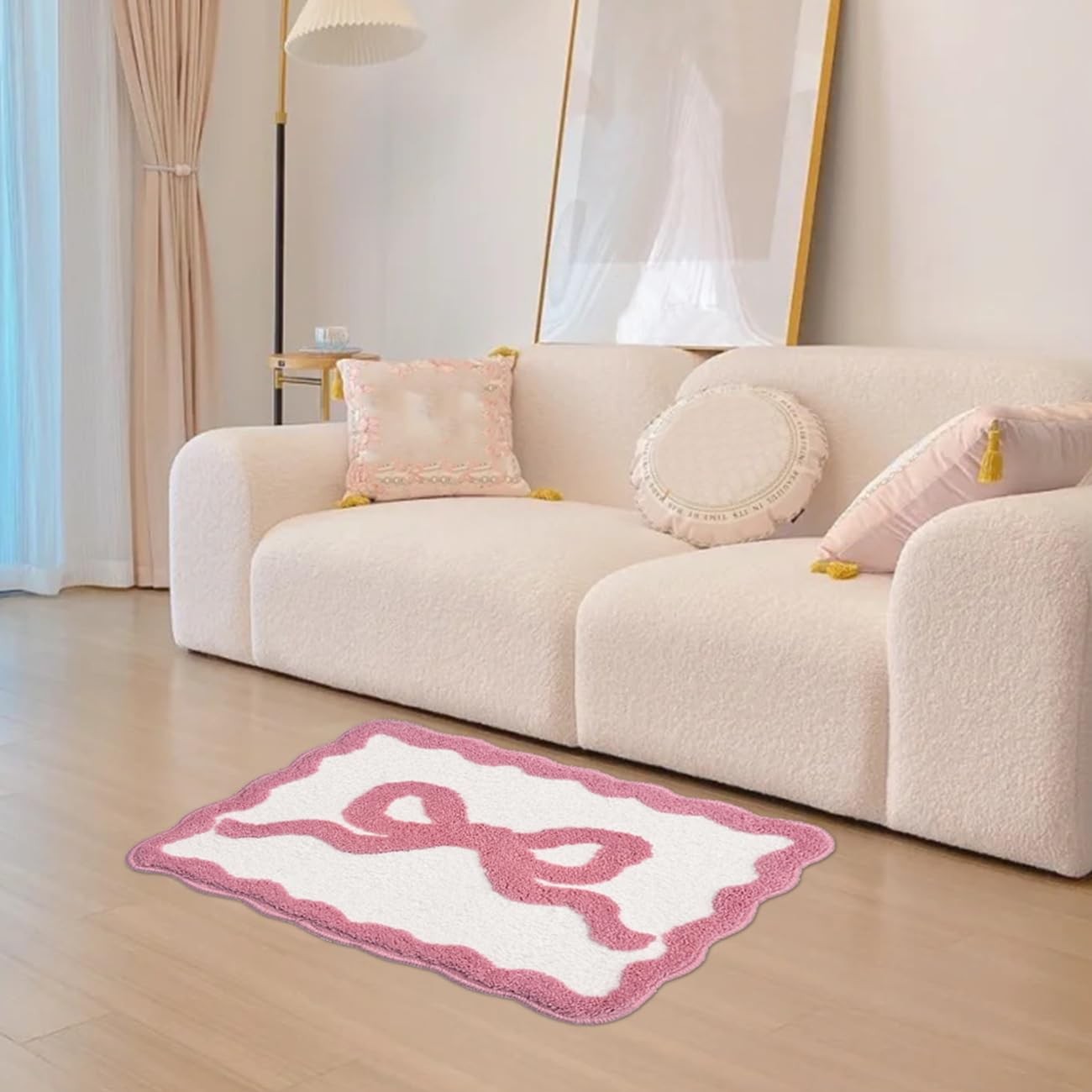 Scalloped Bow Bathroom Rugs Coquette Pink Cute Bath Rug Microfiber Water Abso...