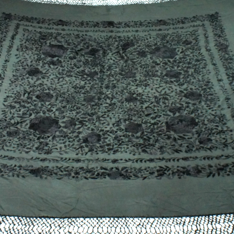 Antique Silk Shawl Wrap Piano Scarf HAND EMBROIDERED FLORAL WITH FRINGE 51"inch