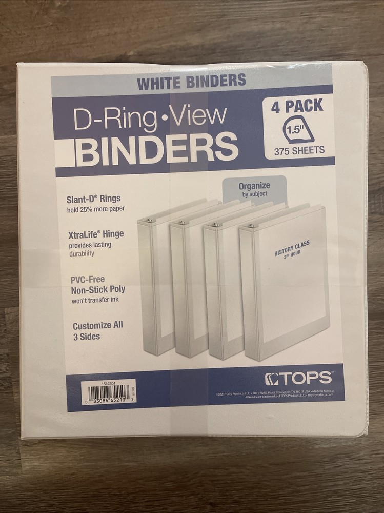 Tops D-Ring 1.5 Inch View Binders 4-Pack (White)