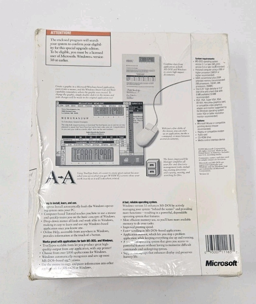 NEW SEALED Microsoft Windows Operating System Version 3.1 Special Upgrade Editio