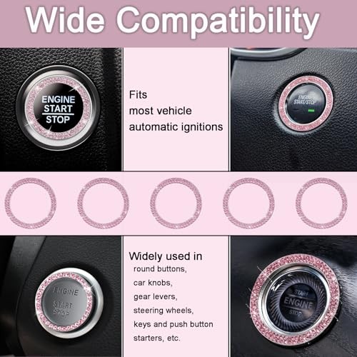 2 Pack Car Engine Start Stop Decoration Ring Pink, Crystal Decorative Ring