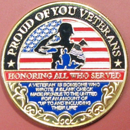 Veteran's Pride. Challenge Coin. Gold Tone. 82B.