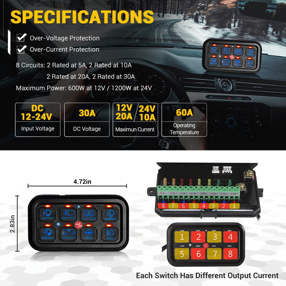 UTV 8 Gang 1200W LED Work Lights Relay Control Switch Panel Toggle Blue Backlit