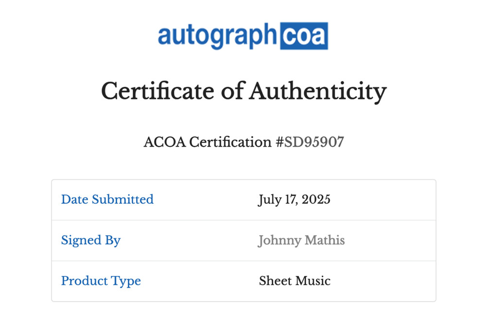 Johnny Mathis Autographed Music Sheet (ACOA)