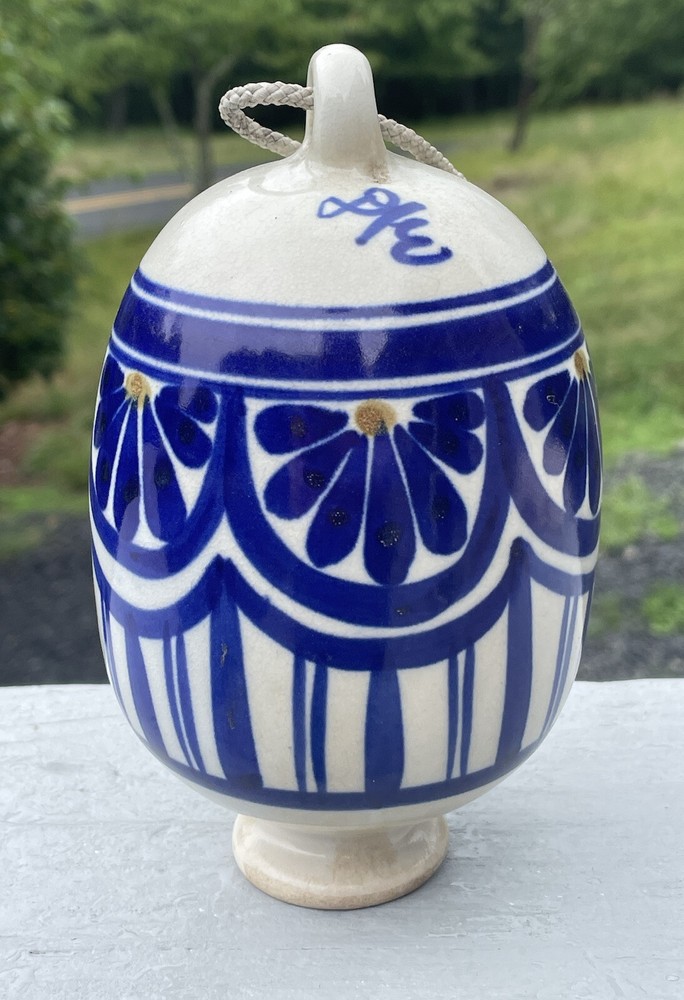 Vintage Blue White Stoneware Ceramic Hanging Pottery Oval Sphere