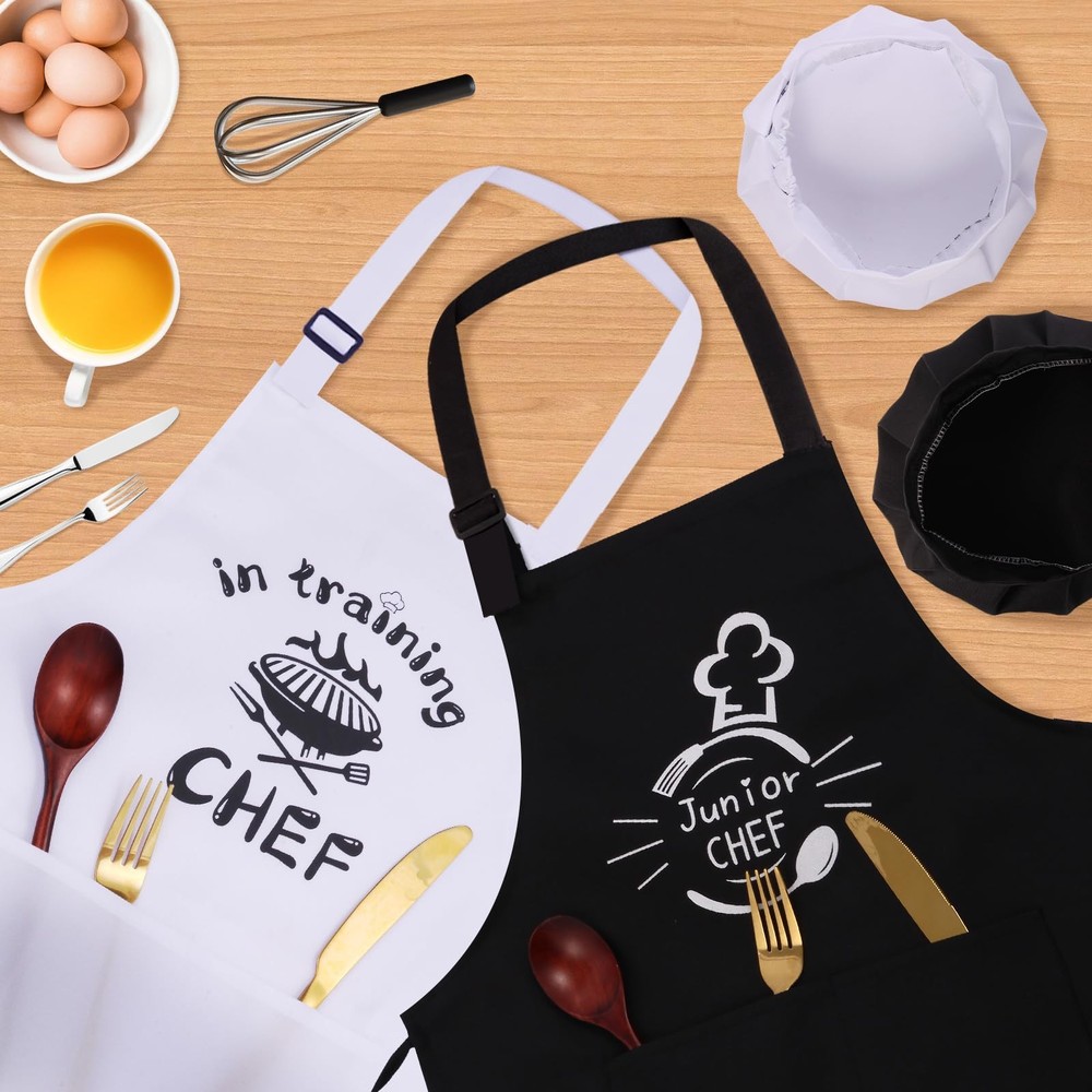 4 PACK Apron and Chef Hat Set, Adjustable Kitchen Apron Chef in Training Funn...