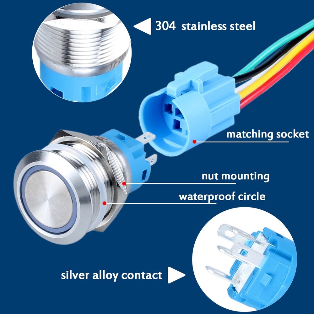 2pcs 19mm Latching Push Button Switch 12V/24V Waterproof Blue LED