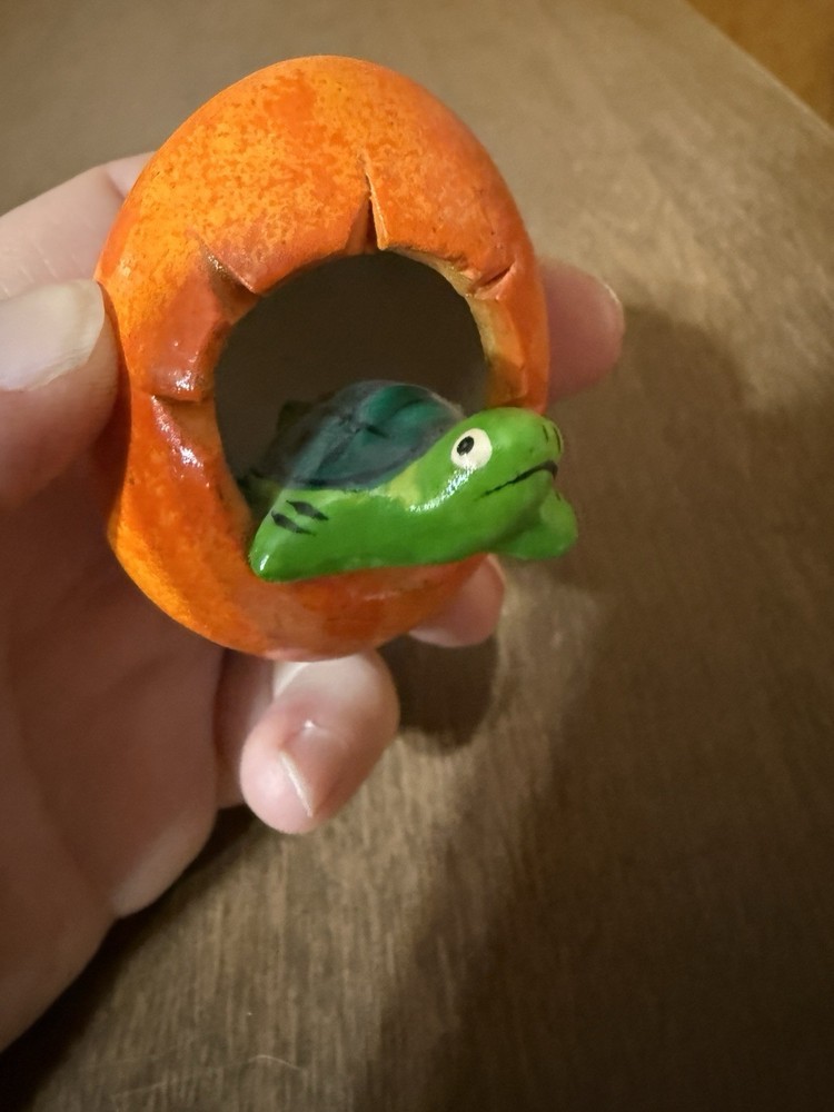 Hatching Turtle Figurine Orange Egg Green Turtle Just Under 2"