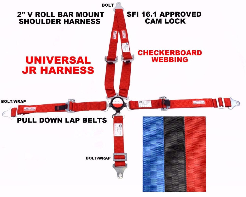 JUNIOR UNIVERSAL RACING V HARNESS PULL DOWN CAM LOCK SFI 16.1 RED CHECKERBOARD