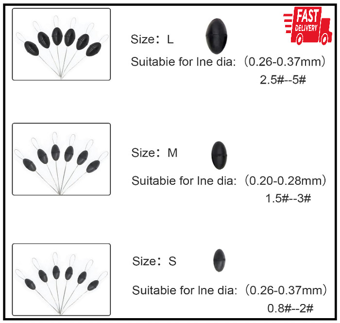 720pcs Fishing Rubber Bobber Stoppers, 6 in 1 Bobber Stops, Black Oval Floats Si