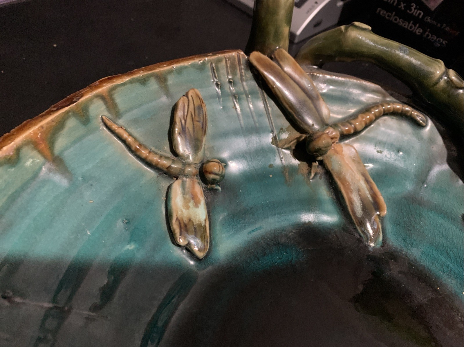 Vintage Mission Style Pottery Dragonfly Collectable Art Pottery Green Bowl 11"