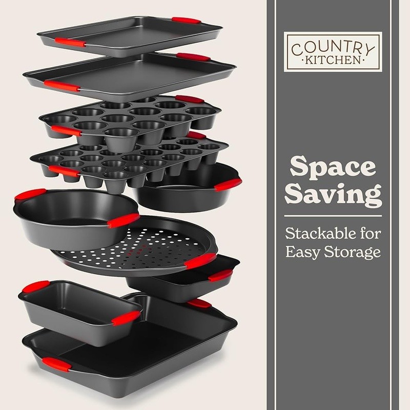 Stackable Non Stick Bakeware Set Heavy Duty Silicone Handles Nesting Baking Pans