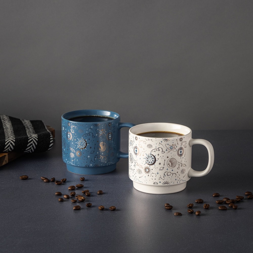 2 Pack Stacking Celestial White and Blue Mugs 14.2 fl oz, Stoneware