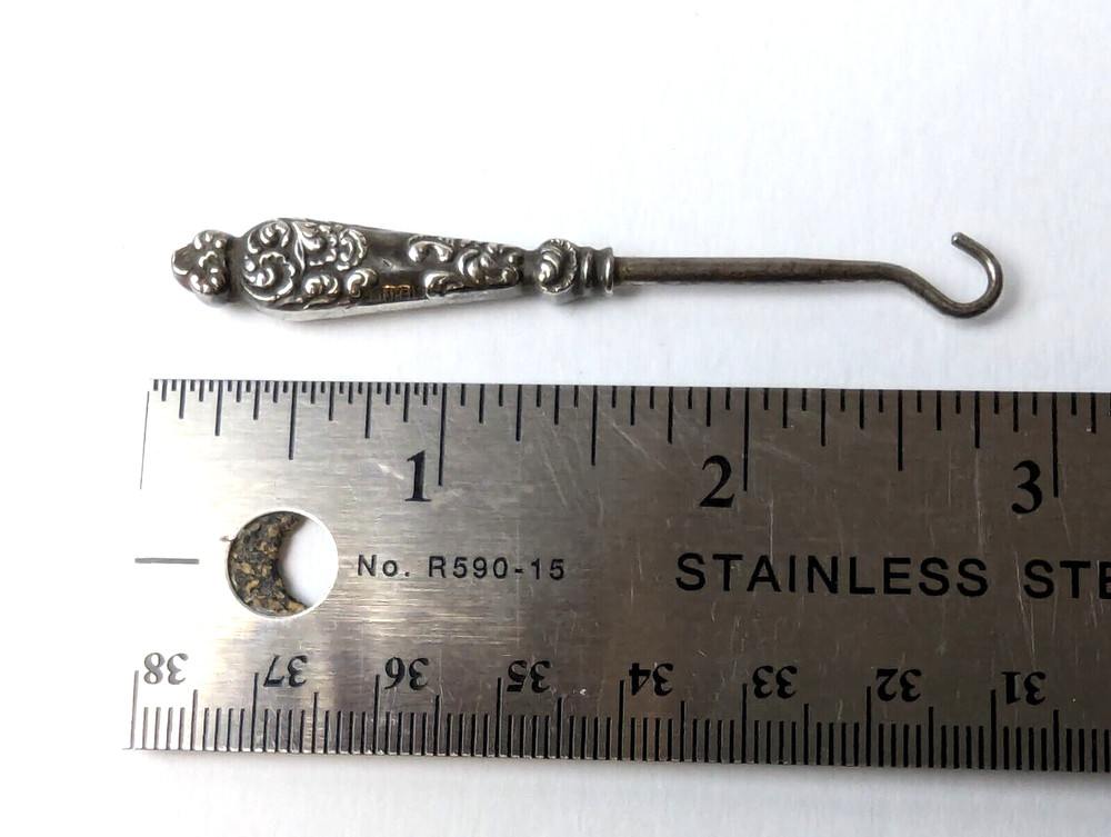 Tiny Antique Sterling Silver Victorian Repousse Glove or Shoe Button Hook 3"