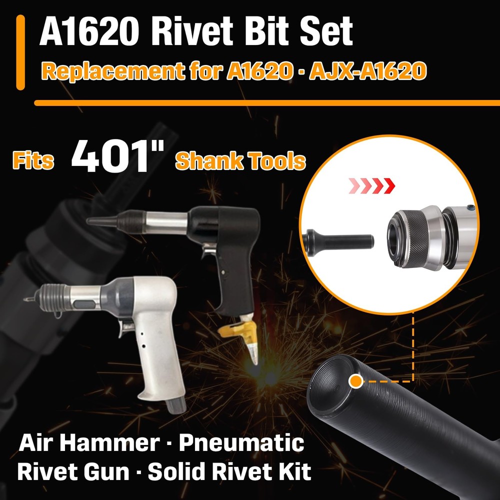 A1620 Pneumatic Air Hammer Rivet Bit Set, Solid Rivet Tool Kit for 3/16" Univ...