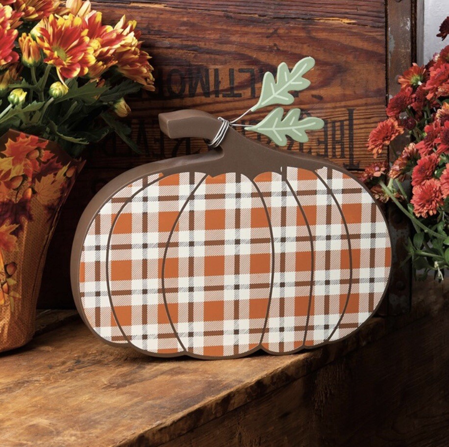 Orange Plaid Chunky Pumpkin Shelf Sitter