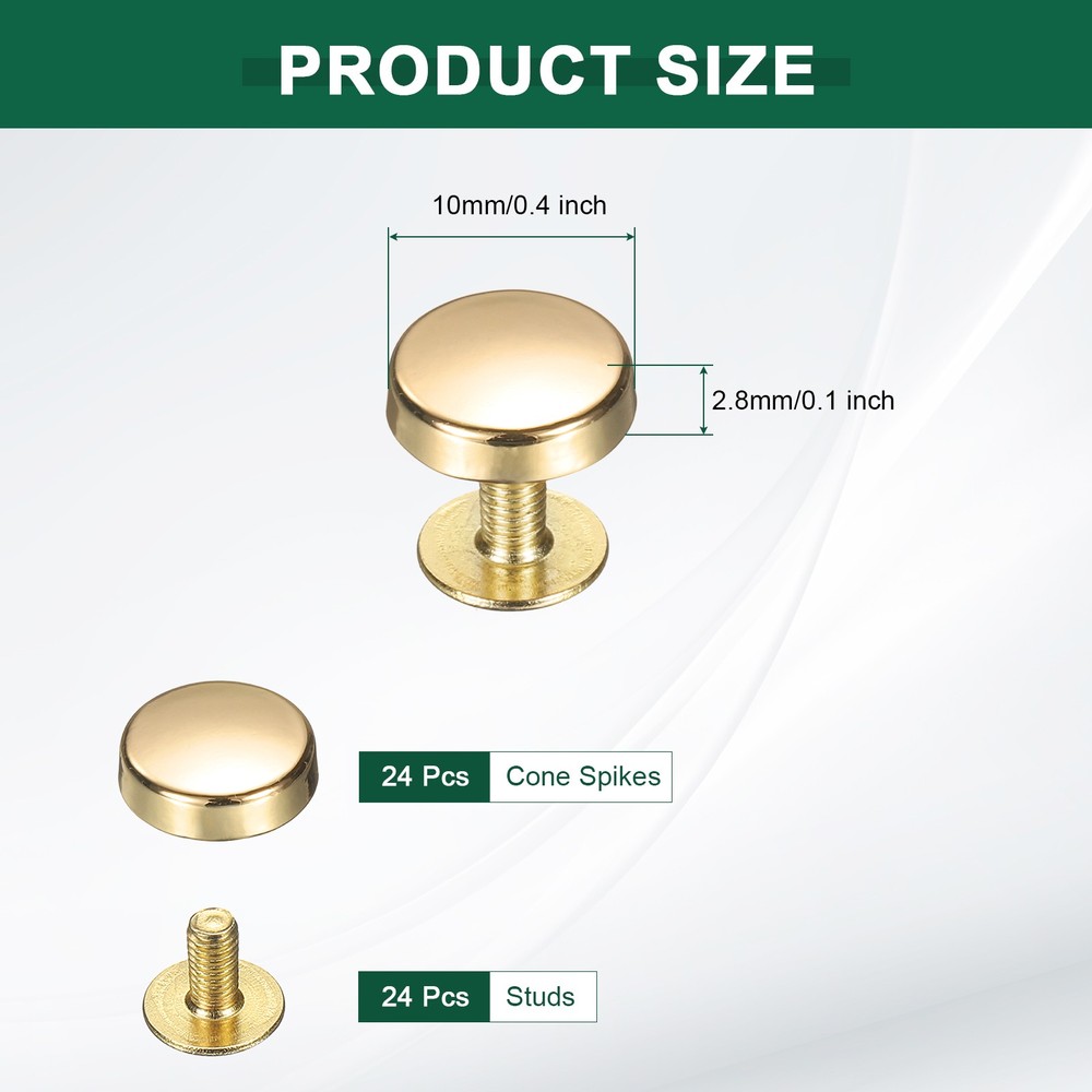 24 Pcs Flat Head Button Stud 10mm Screw Back Rivets Stud Set, Gold