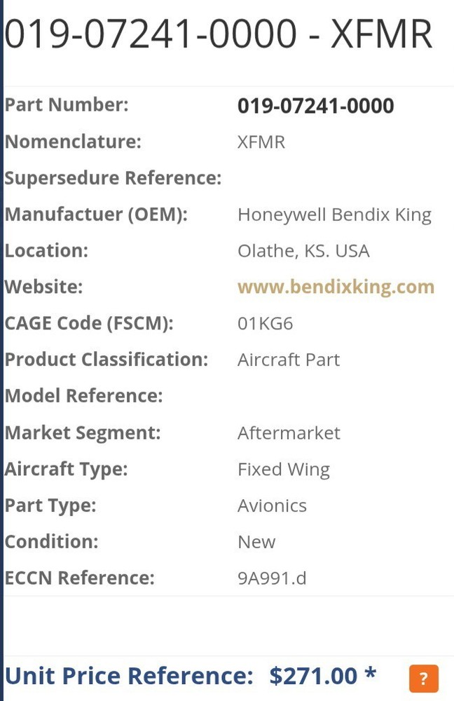 Bendix p/n 019-07241-0000 XFMR +/-90 Volt