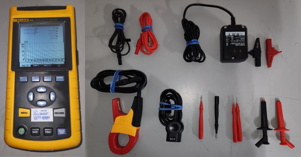 Fluke 43B Power Quality Analyzer with accessories, power adapter/charger, case.