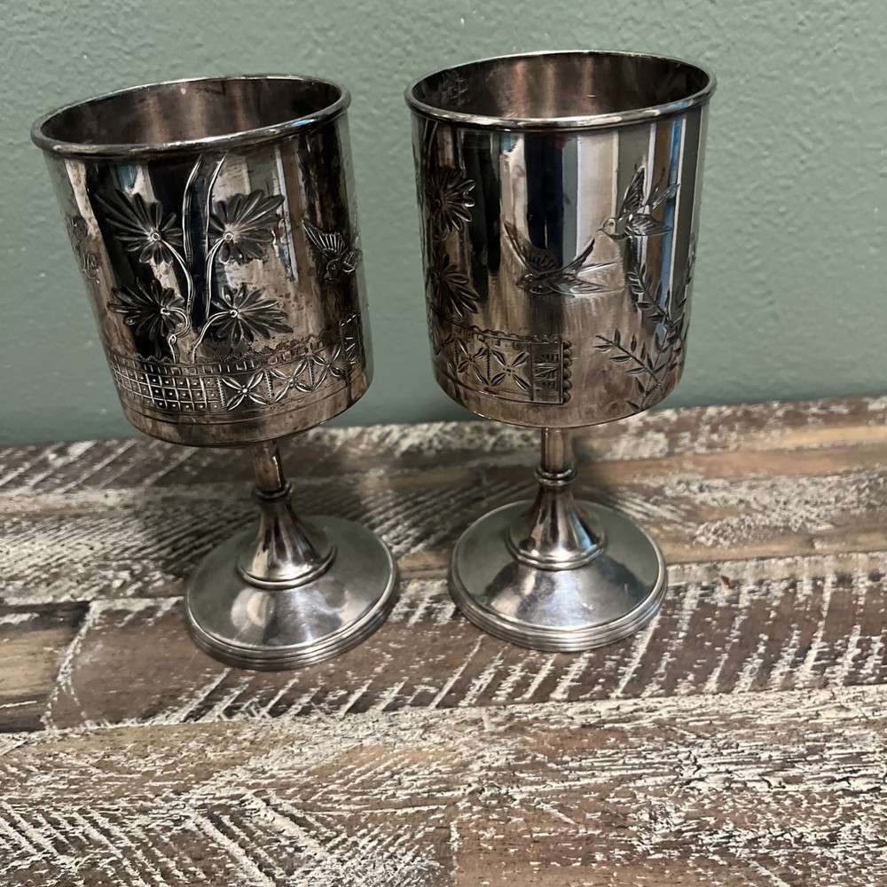 Rogers & Bro. Silver Goblet Triple Plate #206 Flowers Birds Initials LE