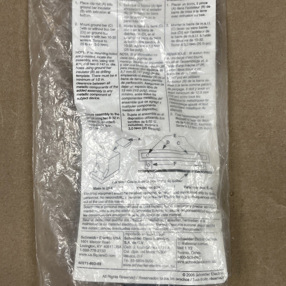 SQ-D PKGTAB GROUND BAR INSULATOR BAR KIT / NOS NO NEUTRAL BAR
