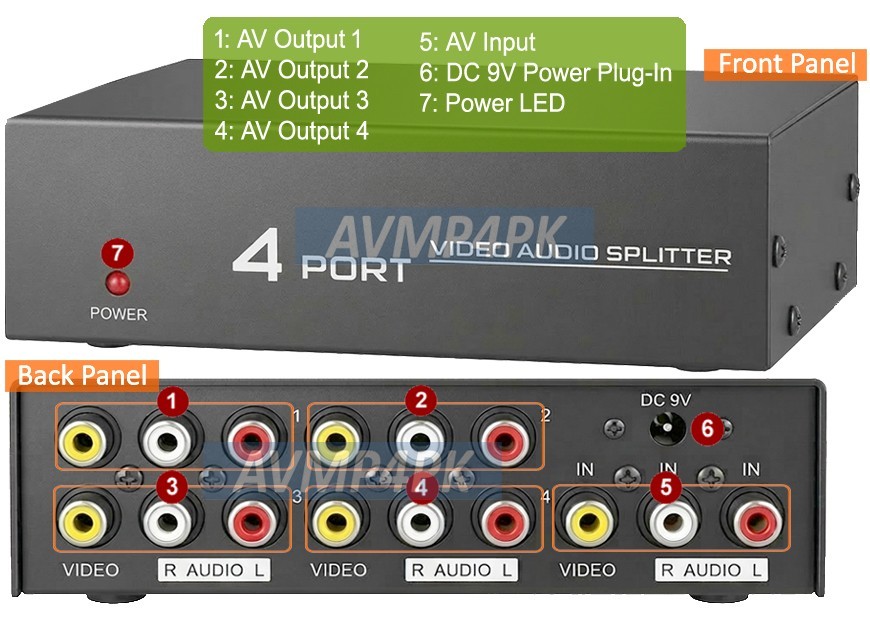 Active 1x4 Composite RCA Video Splitter Stereo Audio Splitter With DC 9V Powered