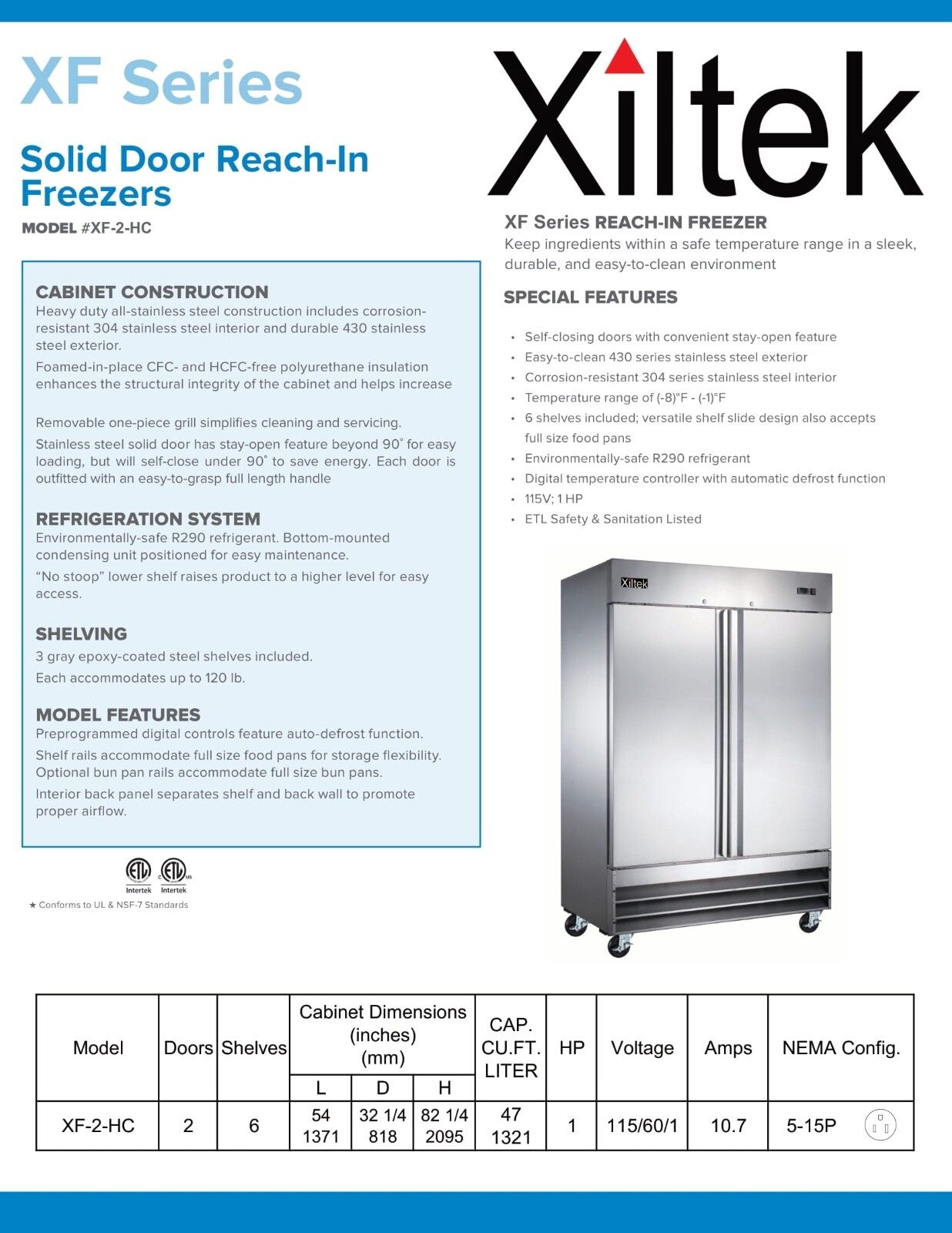 New Xiltek 54" Commercial Freezer All Stainless Steel Reach In Two Section