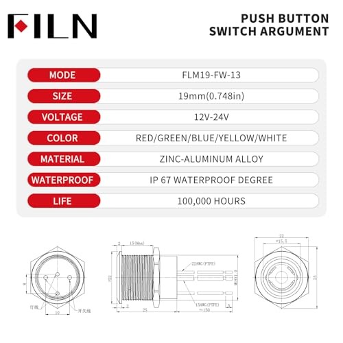 2-Pack 19mm LED Latching Push Button Switch, 12V-24V Black shell-Latching Red