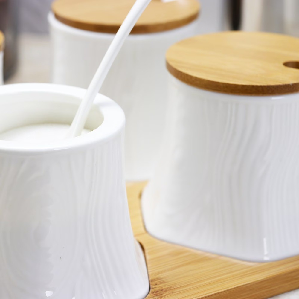 Ceramic Spice, Jam and Salsa Jars with Bamboo Lids & Serving Spoons