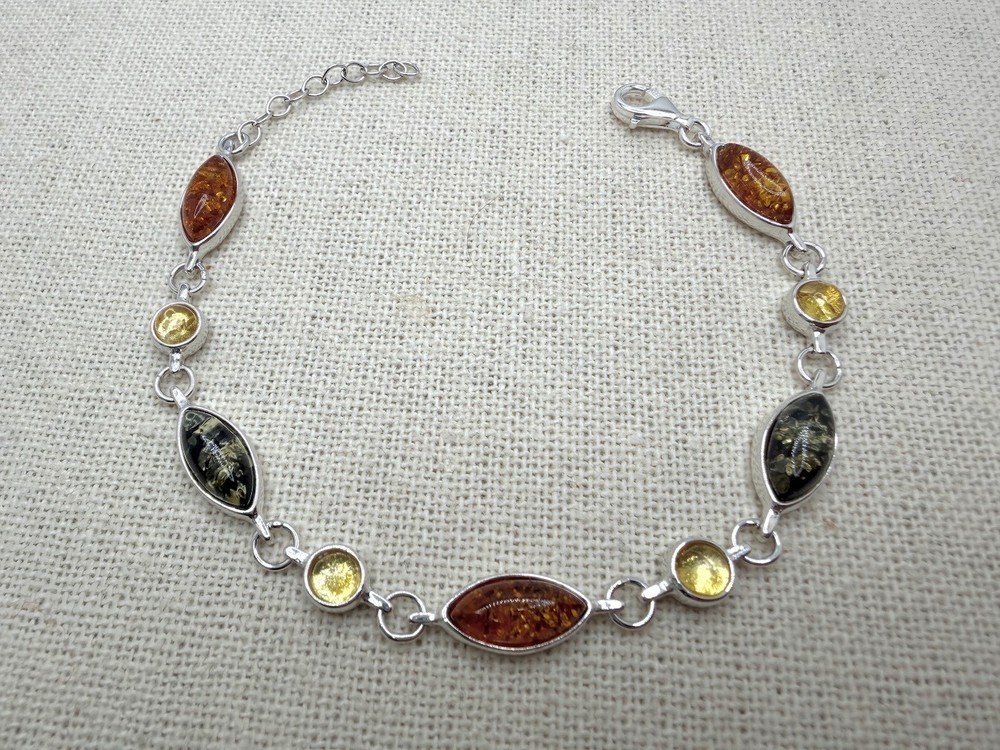 Sterling Silver Multicolor Baltic Amber Link Bracelet