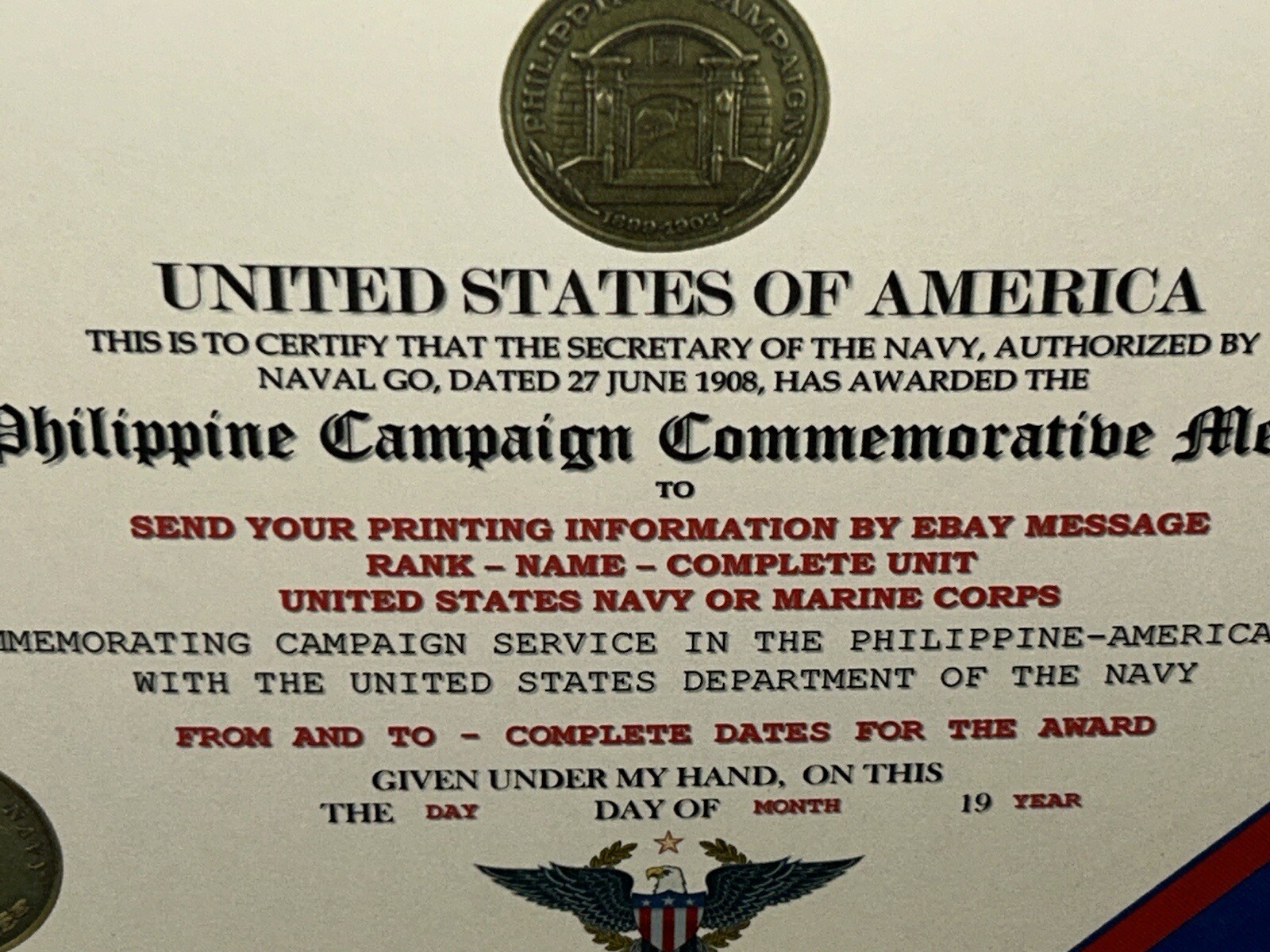 PHILIPPINE CAMPAIGN (NAVY) COMMEMORATIVE MEDAL CERTIFICATE ~ W/PRINTING TYPE-1