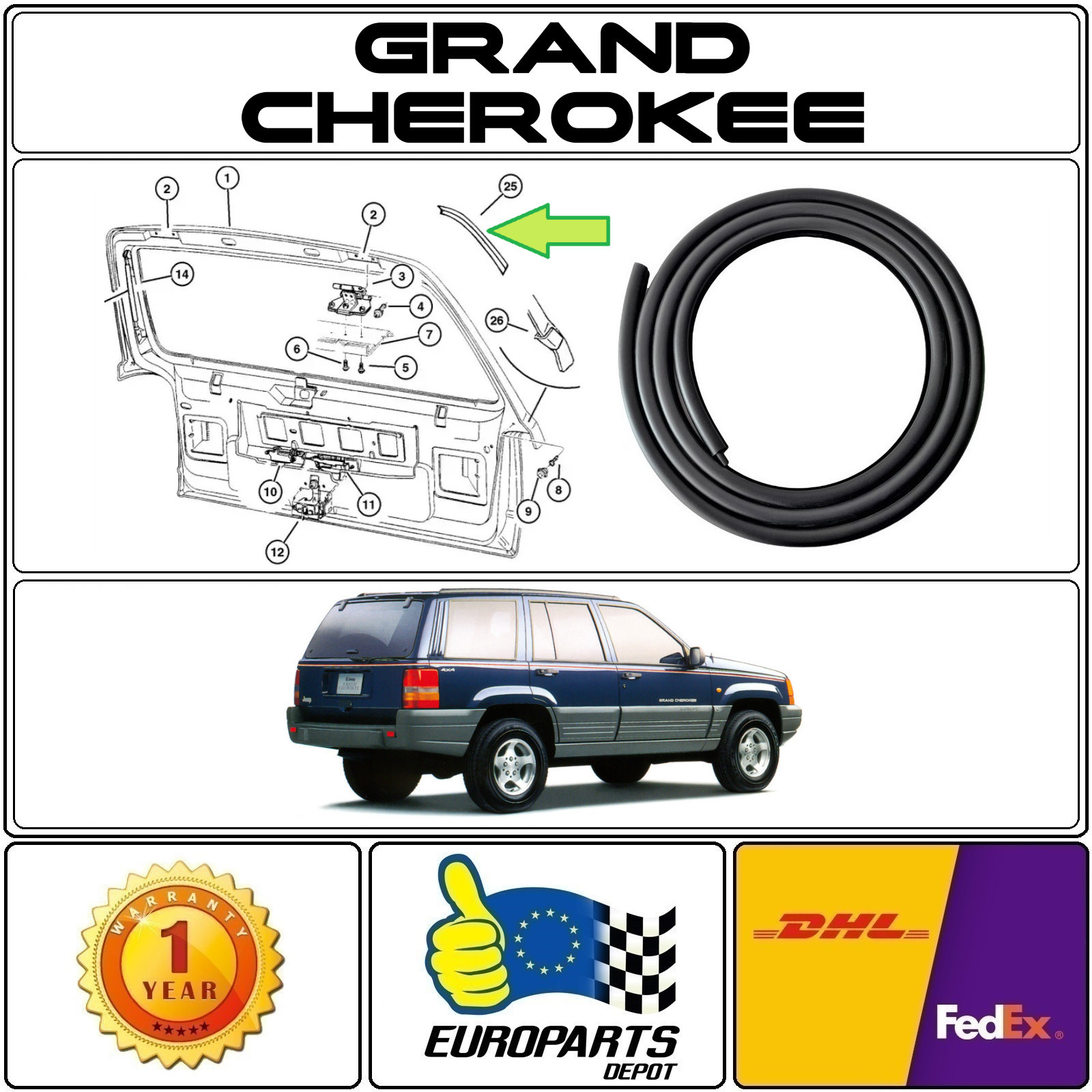Jeep Grand Cherokee ZJ (93-98) Trunk Liftgate Rubber Seal Weatherstrip 55135179