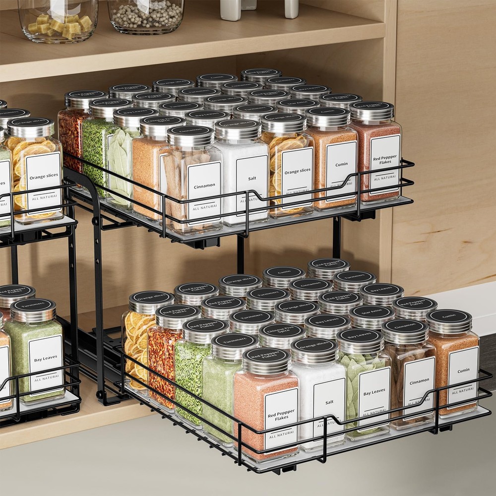 2-Tier Spice Rack Organizer, Pull Out Spice Rack for Cabinet, Height Adjustab...
