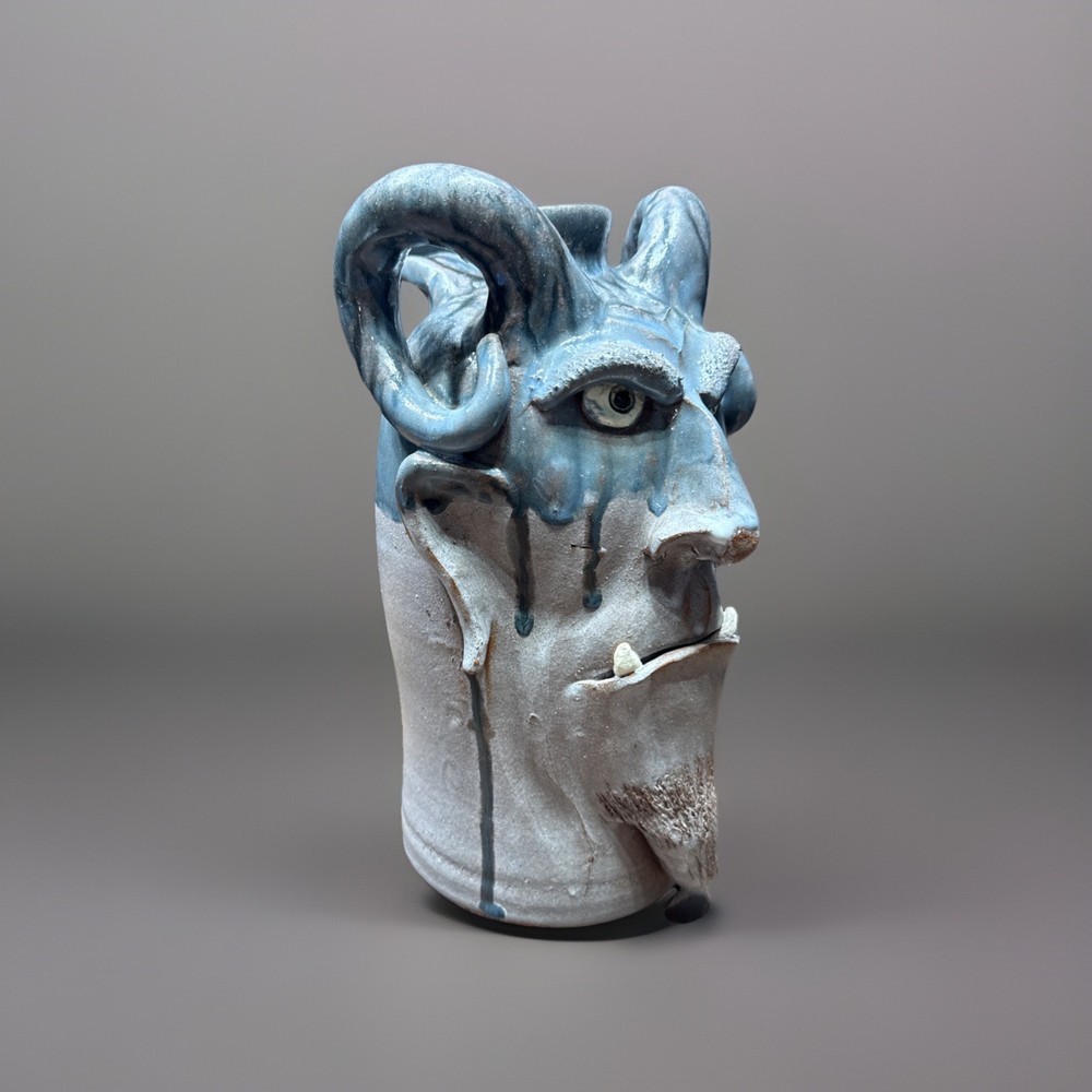 DAL BURTCHAELL Primitive Folk Art Glazed Devil Face Jug Blue Gray Glaze