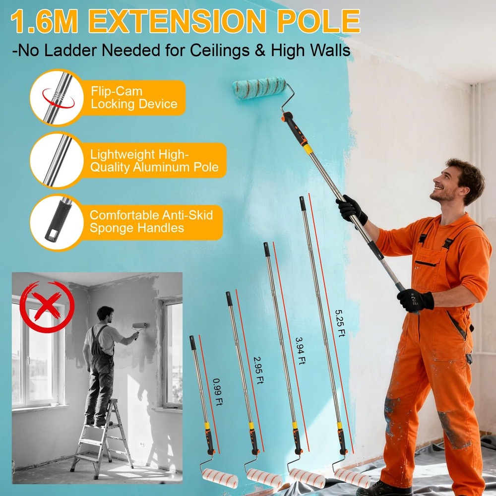 Paint Roller kit, Extension Pole 5ft,Paint Brushes,Paint Black