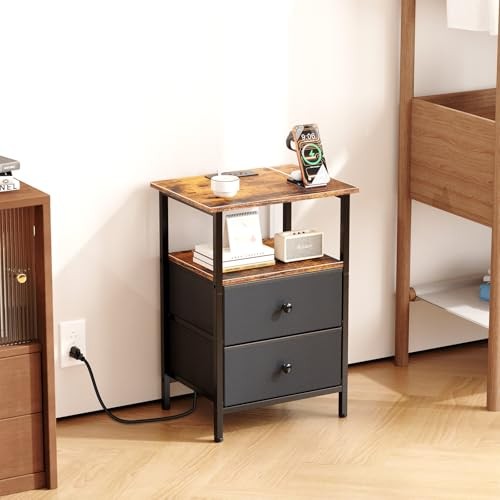 Nightstand with Charging Station, Bedsid End Table with 2 Fabric Drawer for