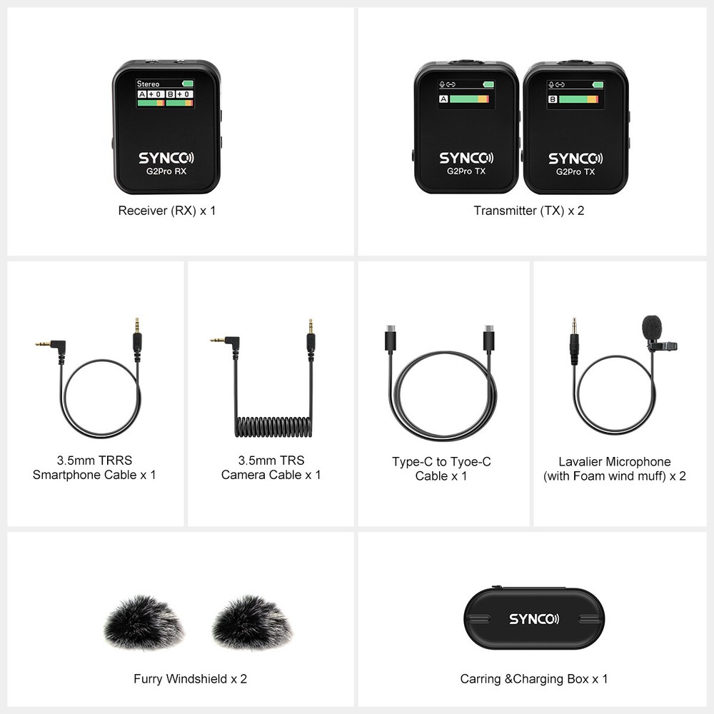 SYNCO G2(A2) Pro 2.4G Wireless Lavalier Microphone Dual Lapel Mic for Camera