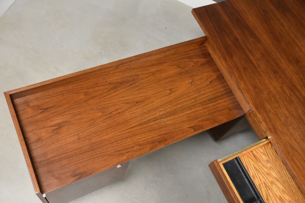 Refinished L Shaped Walnut Mid Century Desk