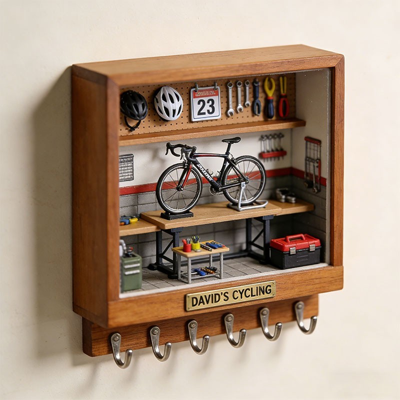 2D Bike Workshop Key Holder 3D Effect, Custom Name Hook Rack