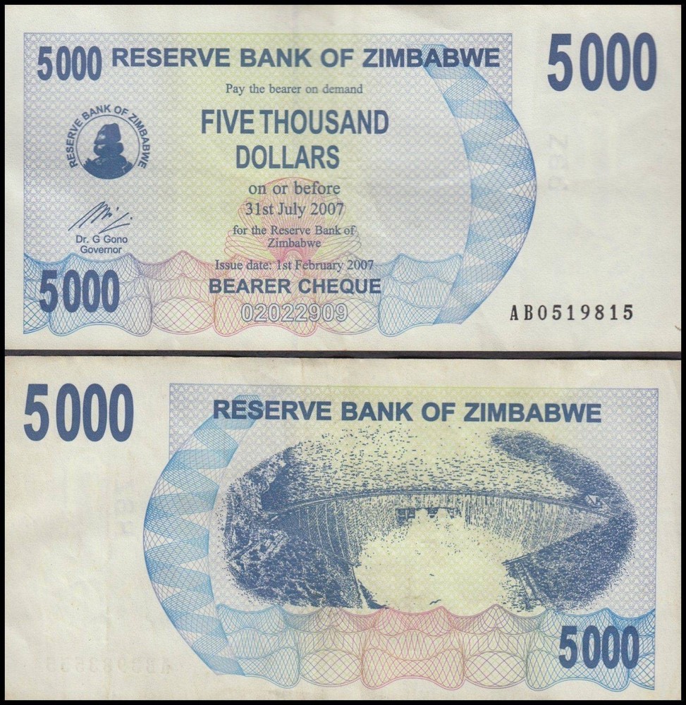 Zimbabwe 5000 Dollars Bearer Cheque, 2007, P-45, Used